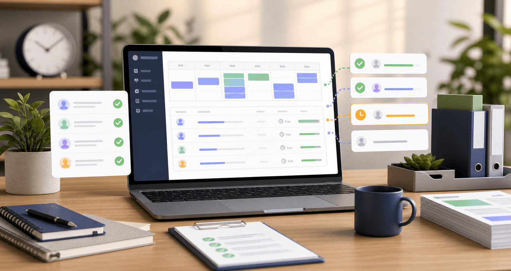 Weekly timesheet reminder workflow showing open entries, a Friday deadline, manager review, and approved hours